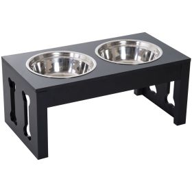 PawHut 23" Modern Decorative Dog Bone Wooden Heavy Duty Elevated Dog Bowl Feeding Station - Black